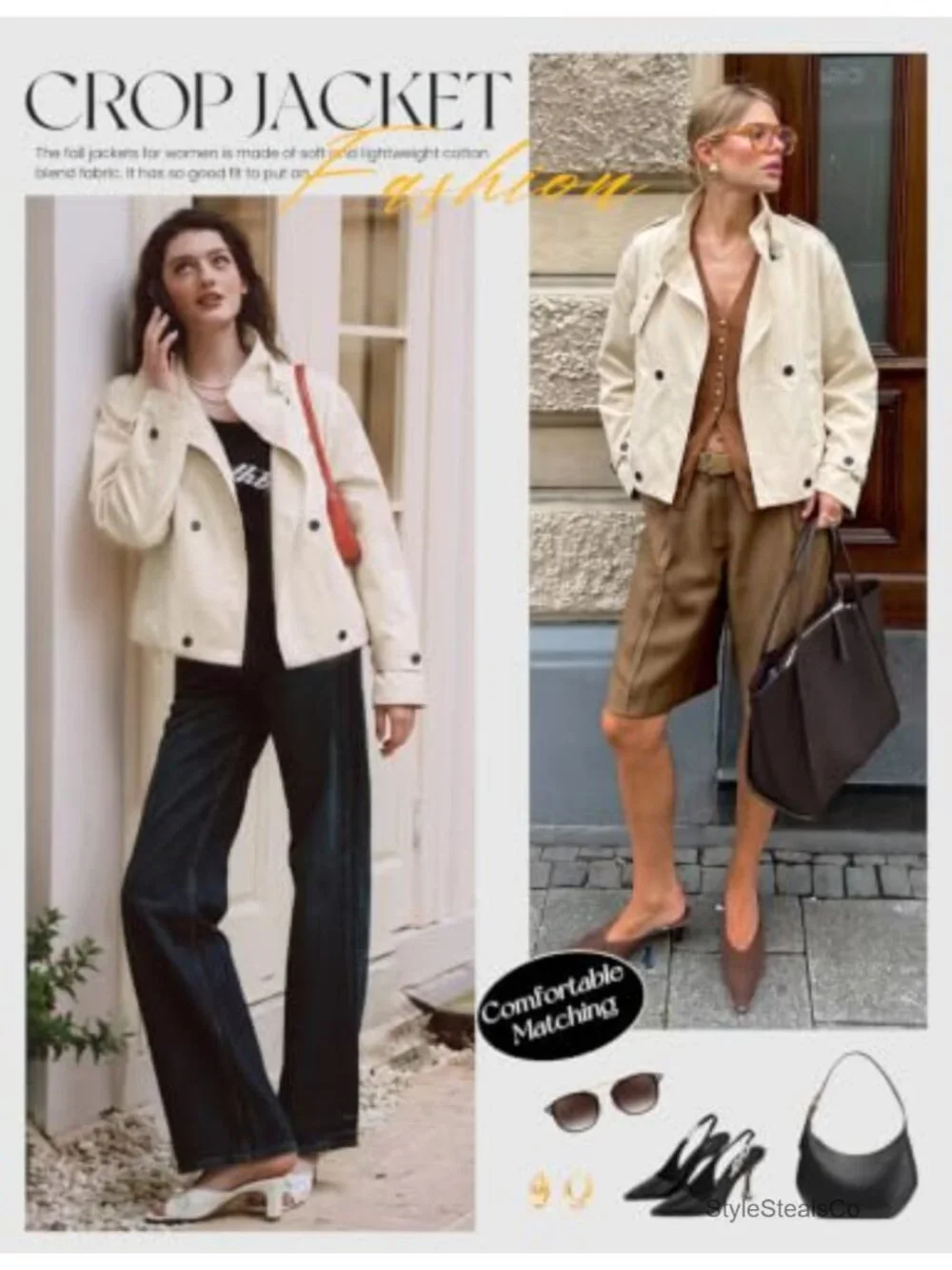 Womens Cropped Trench Coat Funnel Neck Lightweight Button Down Jacket